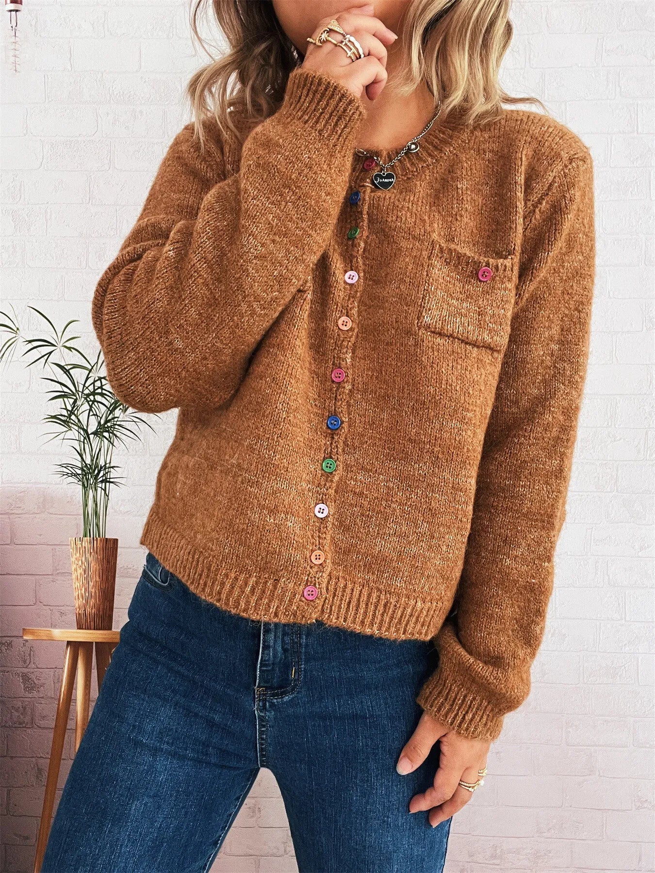Brown button-up ribbed hem cardigan with chest pocket and multicolor button placket