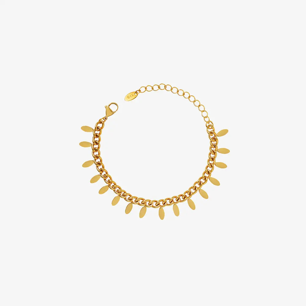Gold leaf charm bracelet with scalloped edge of leaf drops and round chain links