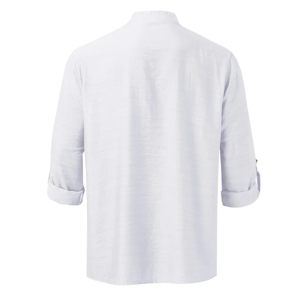 Men's white half-button long sleeve shirt, back view