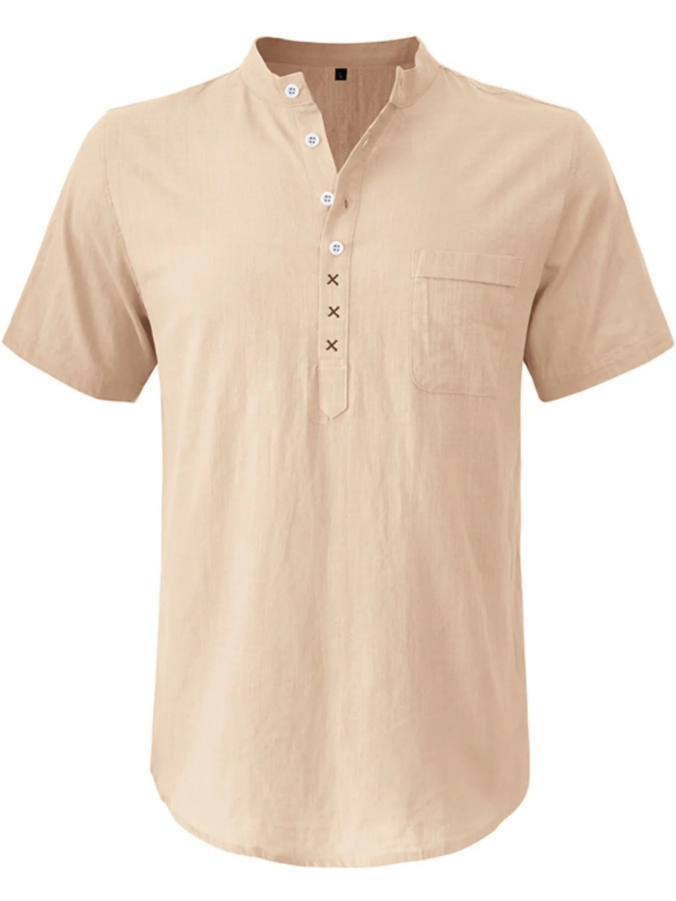 Men's linen polo shirt, tan; short sleeves, button placket and chest pocket.
