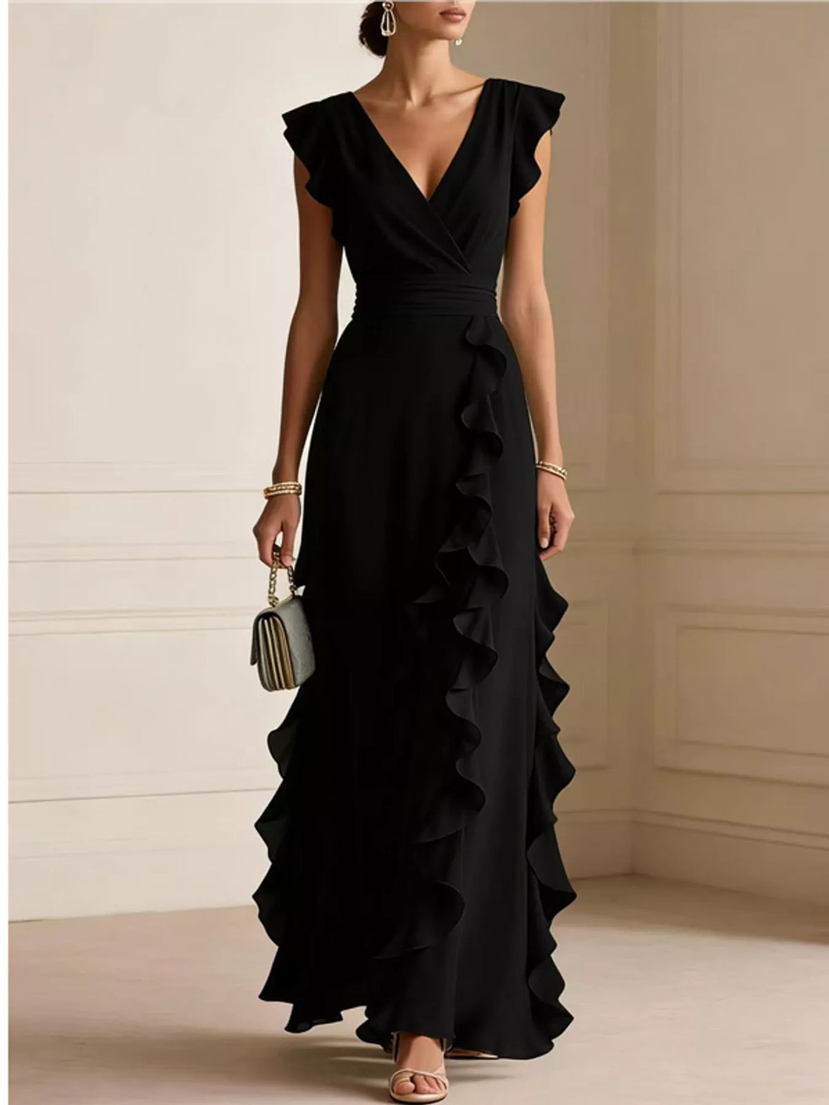 Black ruffled high-waist sleeveless maxi dress with layered flutter skirt
