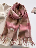 Pink plaid fringe scarf with beige and darker rose tones, tasseled ends