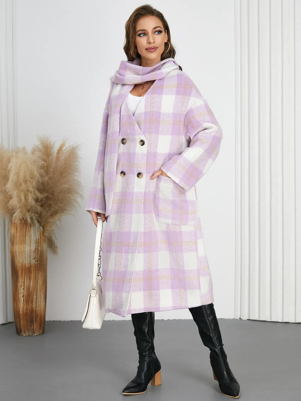 Plaid button-up long coat in lavender and white with hooded collar and double-breasted buttons