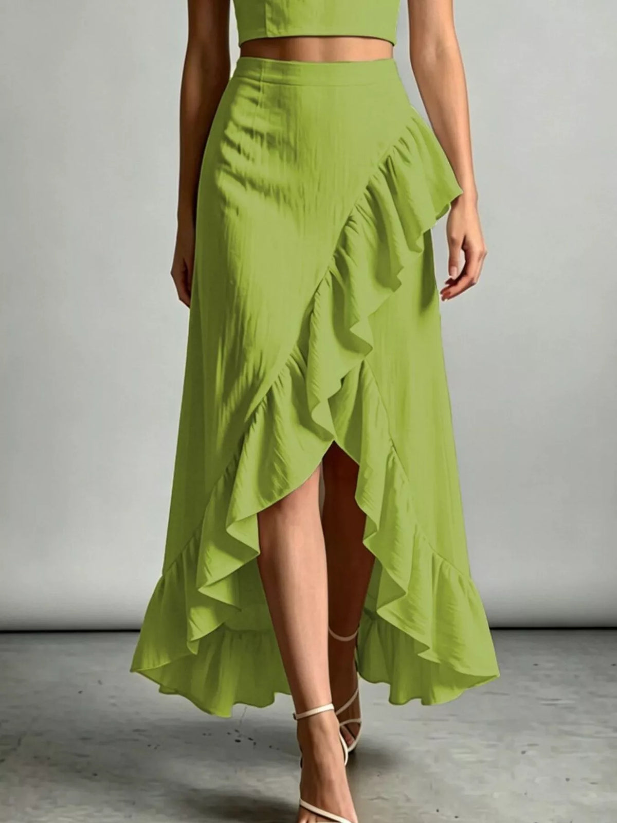Green ruffled high-low maxi skirt with halter crop top set