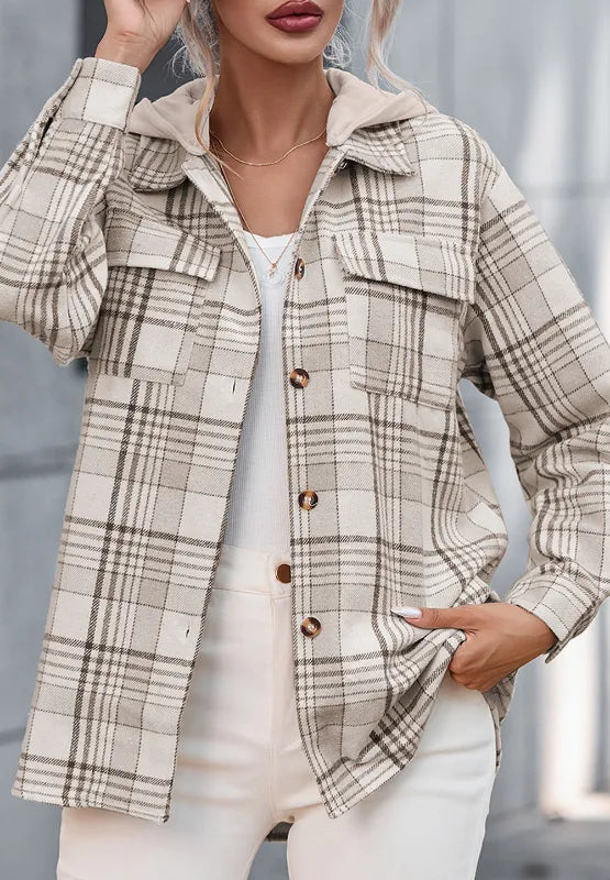 Plaid button-up shacket with removable hood, chest flap pockets, and long sleeves