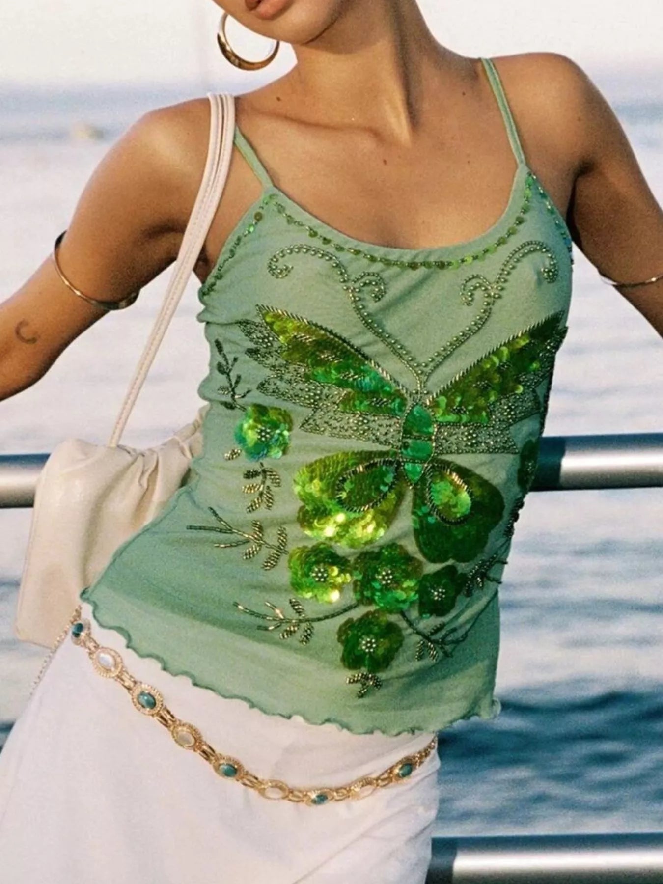 Cedar & Moore Butterfly Embellished Slim Fit Cami by Trendsi in mint green with embroidered sequins