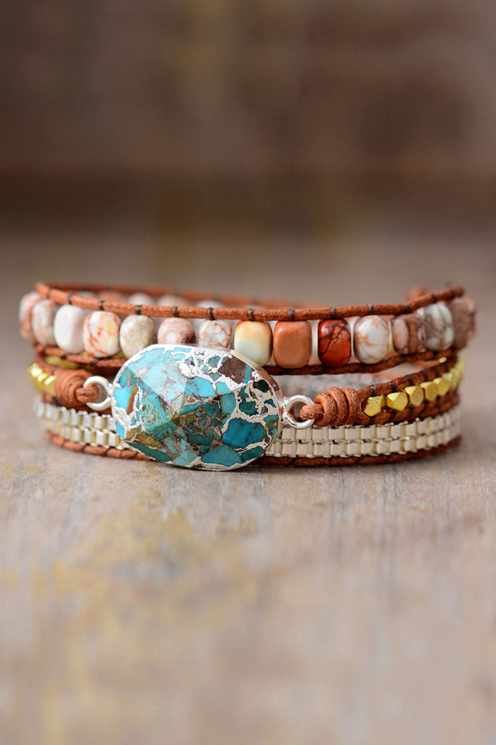 Multi-stone copper bracelet with turquoise and white beads and large turquoise cabochon