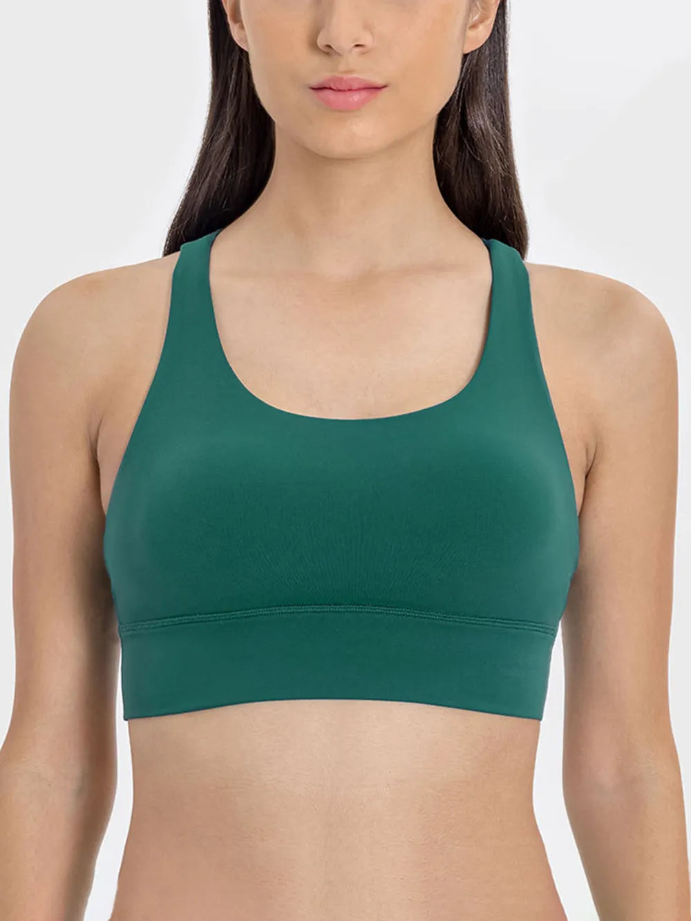 Dark green scoop-neck active tank sports bra with supportive underband