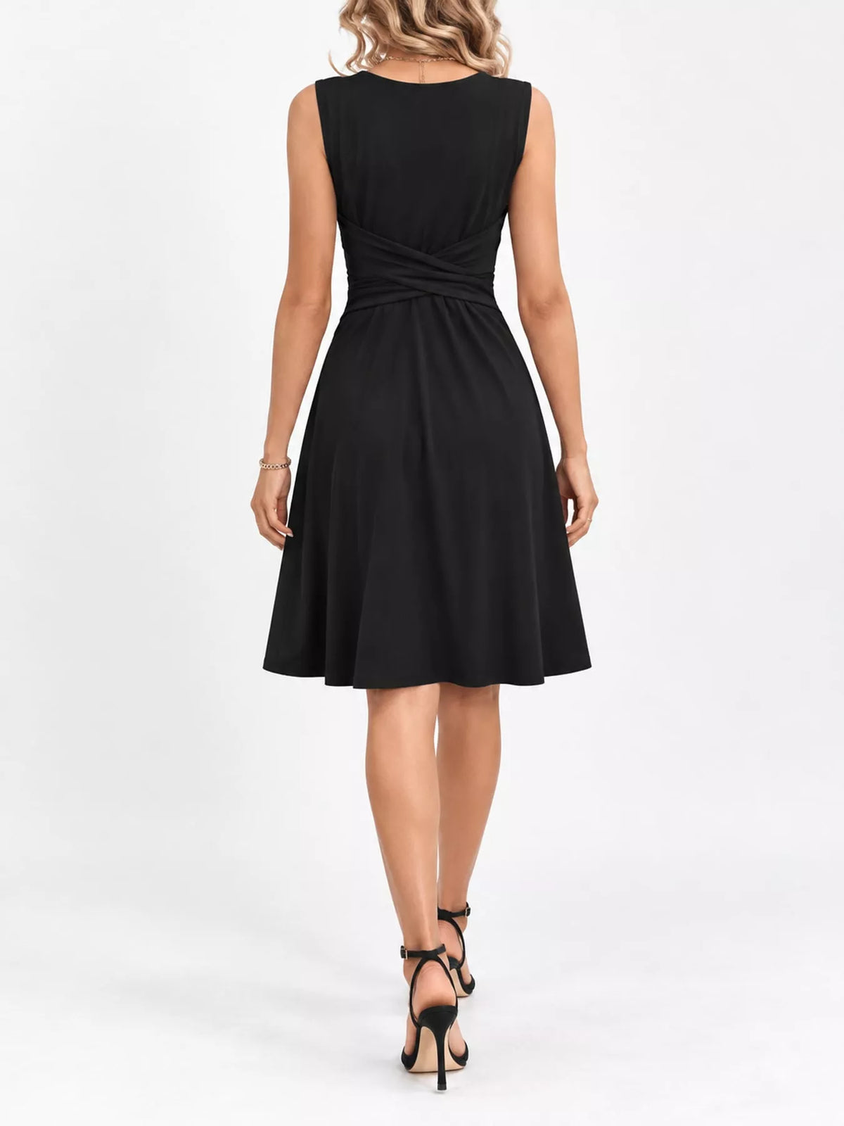 Black sleeveless midi dress, V-back with gathered crisscross waist