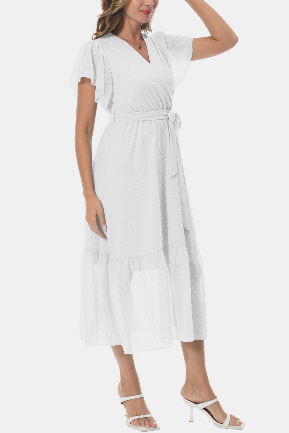 White surplice neck tiered midi dress with flutter sleeves and tied waist