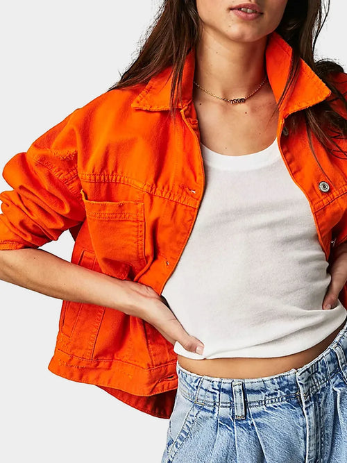 Orange long-sleeve denim jacket with button-up front and chest flap pockets