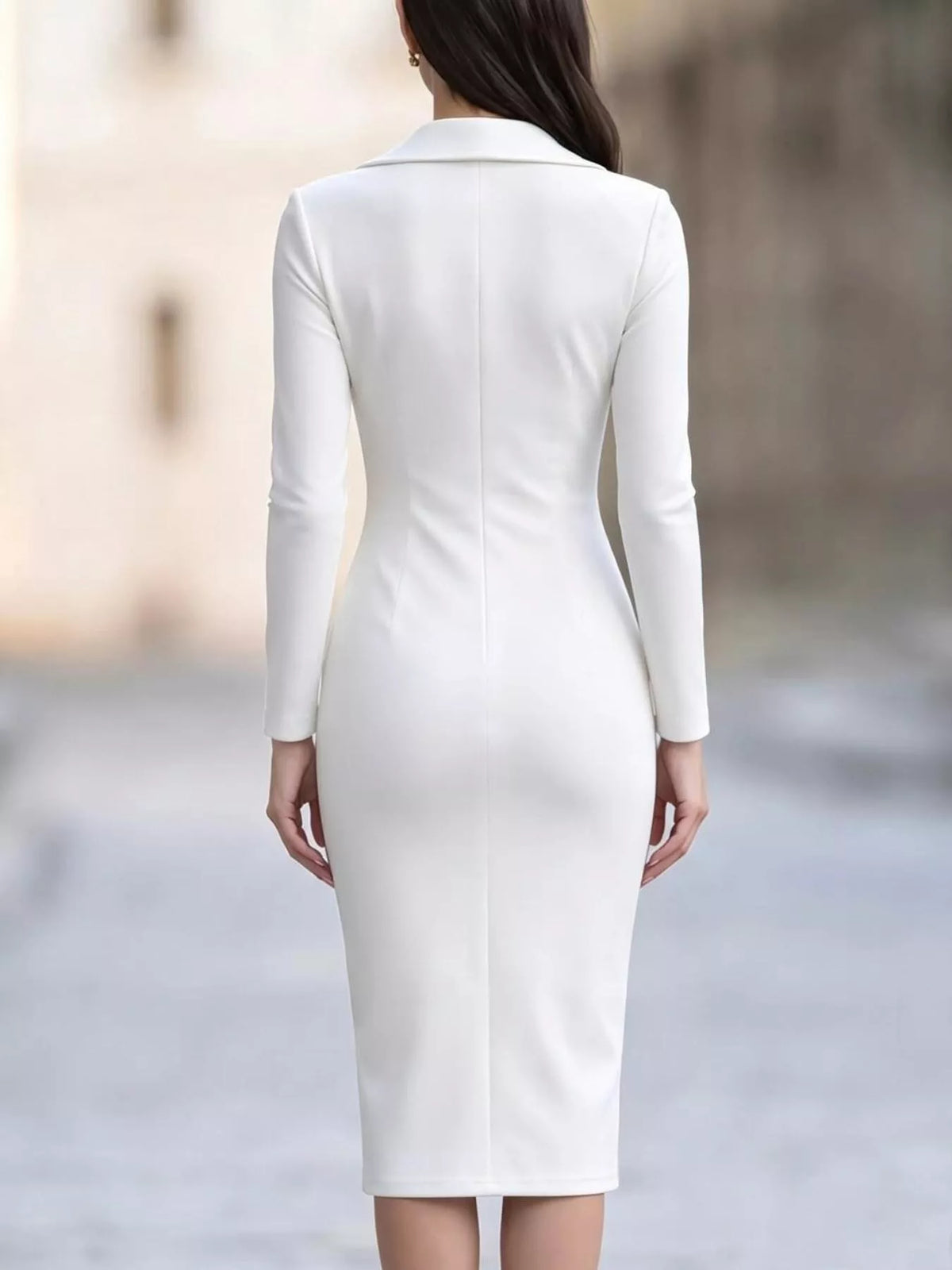 White asymmetric zipper lapel bodycon dress, back view, long sleeves