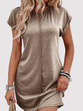 Mocha round-neck mini dress with exposed center seam, short sleeves