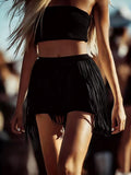 Black tube top and black fringe shorts set with layered pleats