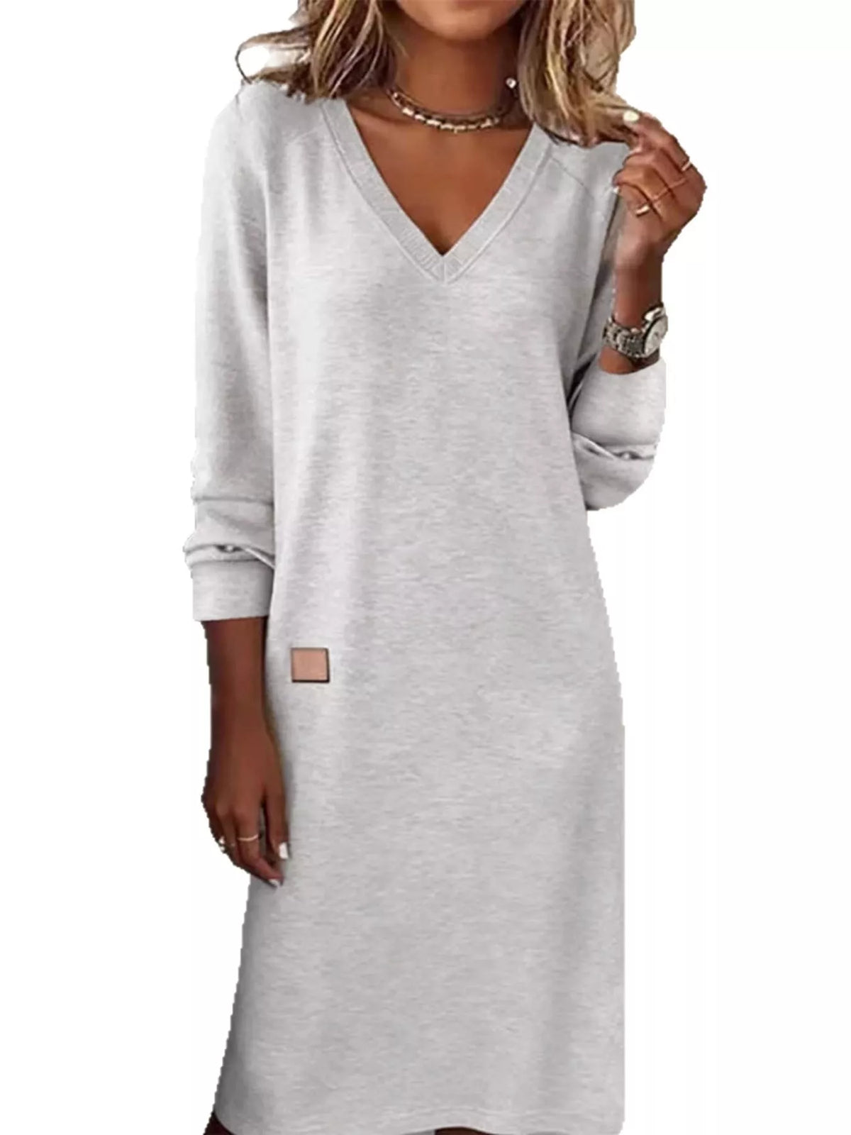 Light gray V-neck long-sleeve midi dress with side pocket and small chest patch