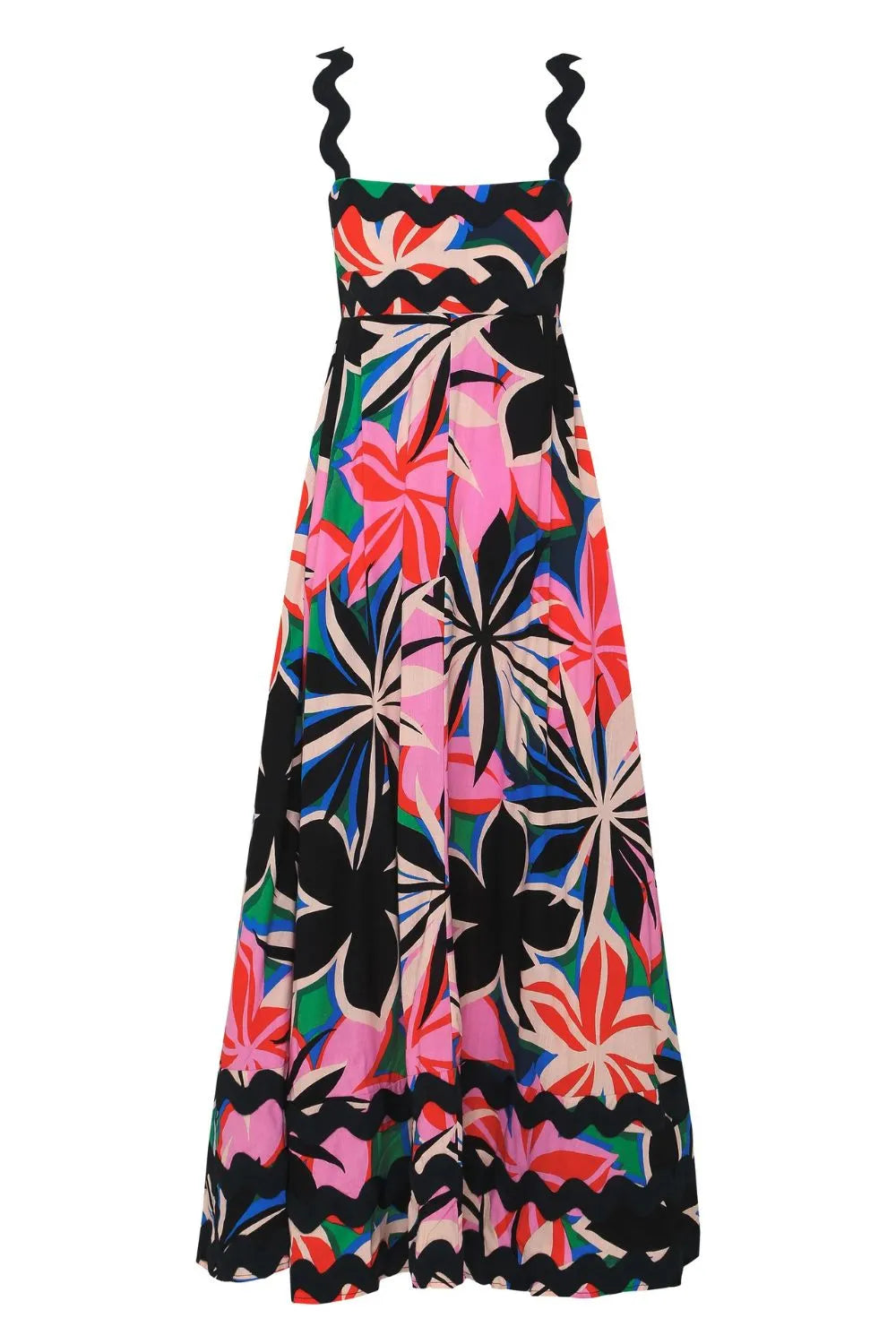 Square-neck wide-strap dress with multicolor abstract floral print and tiered skirt