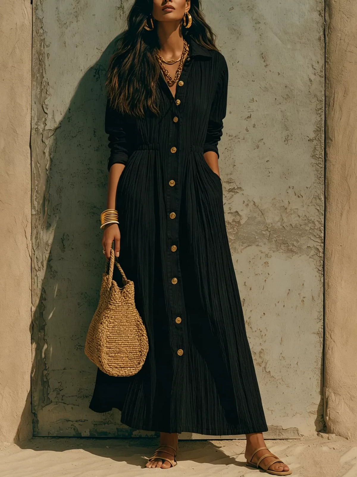 Textured button-front long-sleeve maxi dress in dark, gathered waist and gold buttons