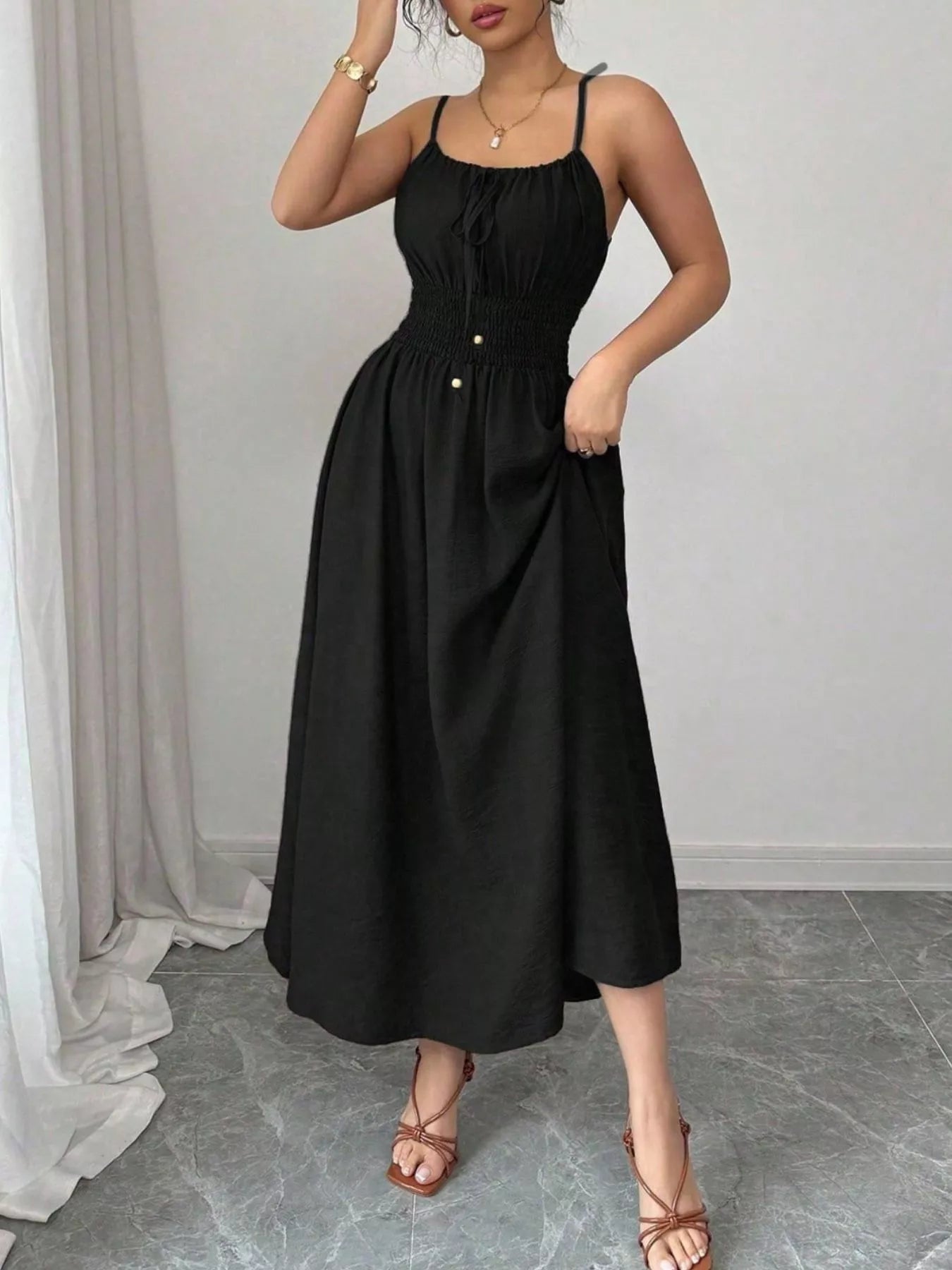 Smocked spaghetti strap midi dress, black, gathered bodice and flowing midi skirt