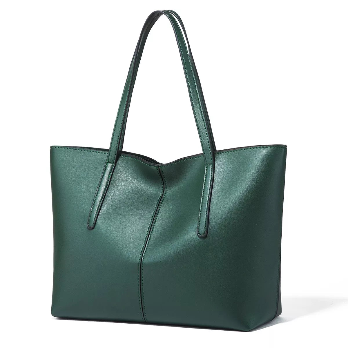 Green vegan leather tote bag with long handles and flat bottom