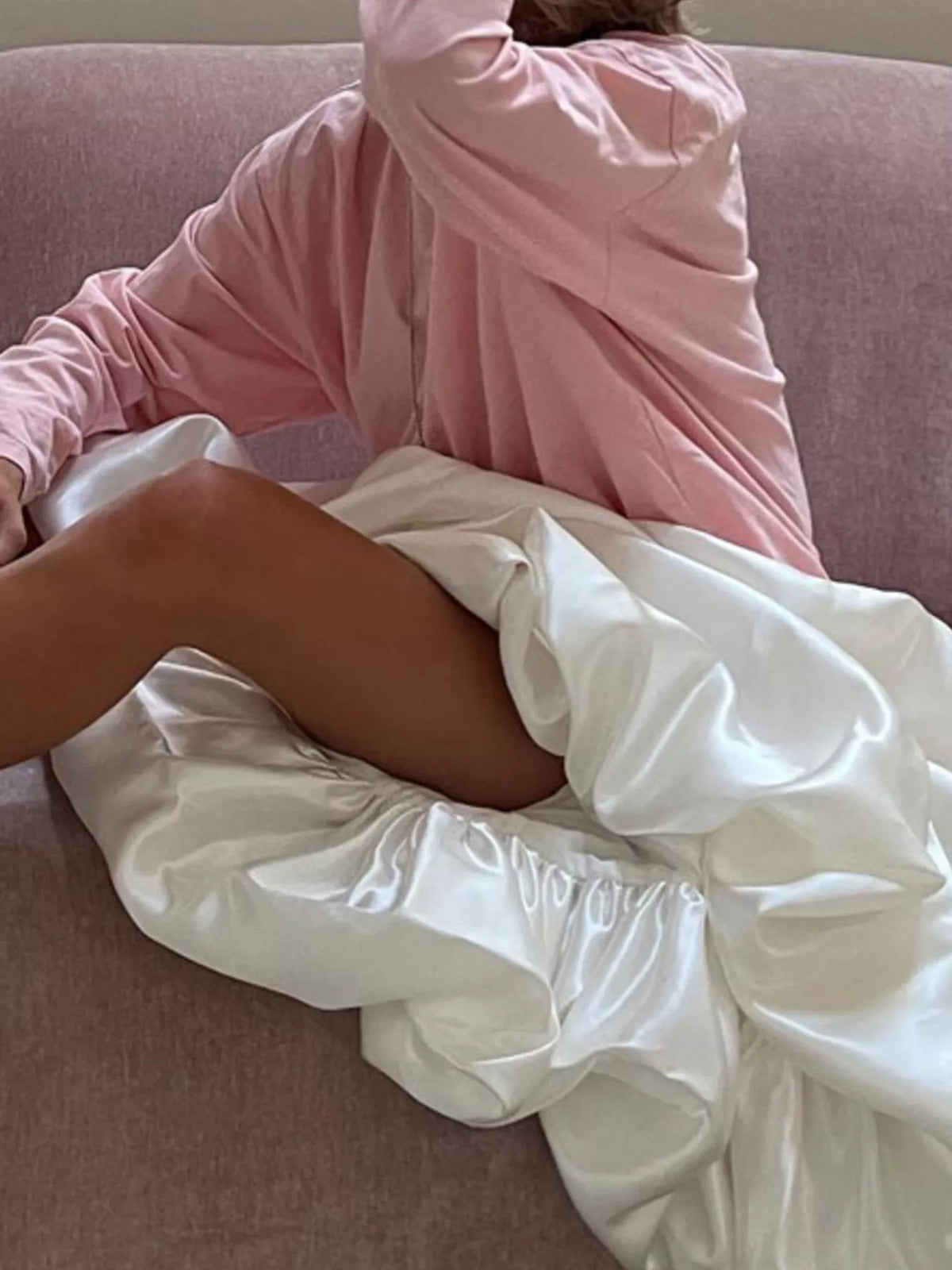 Light pink satin maxi skirt with gathered waist and back zipper