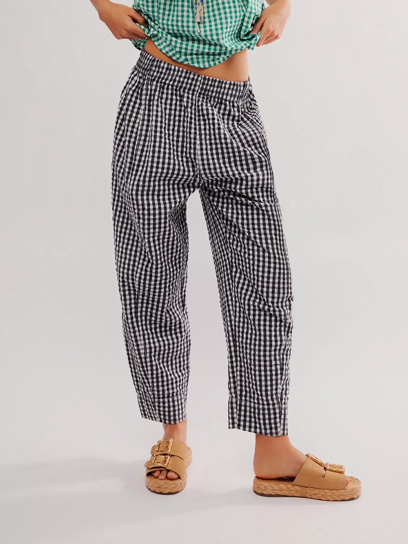 Black gingham relaxed-fit pants with elastic waist and ankle-length legs