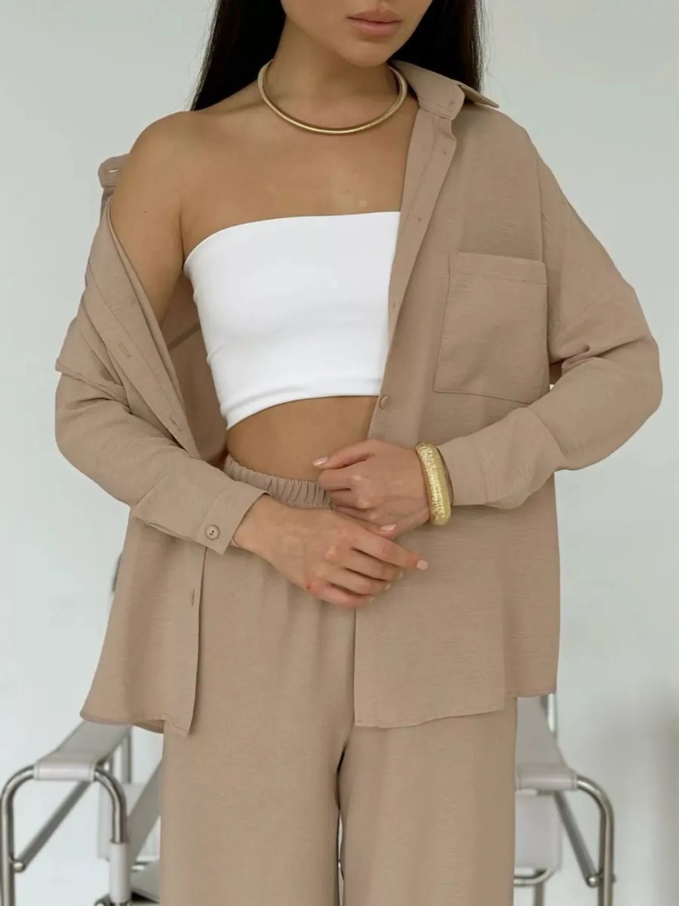 Tan relaxed-fit shirt and wide-leg pants set, button-front shirt and wide-leg trousers