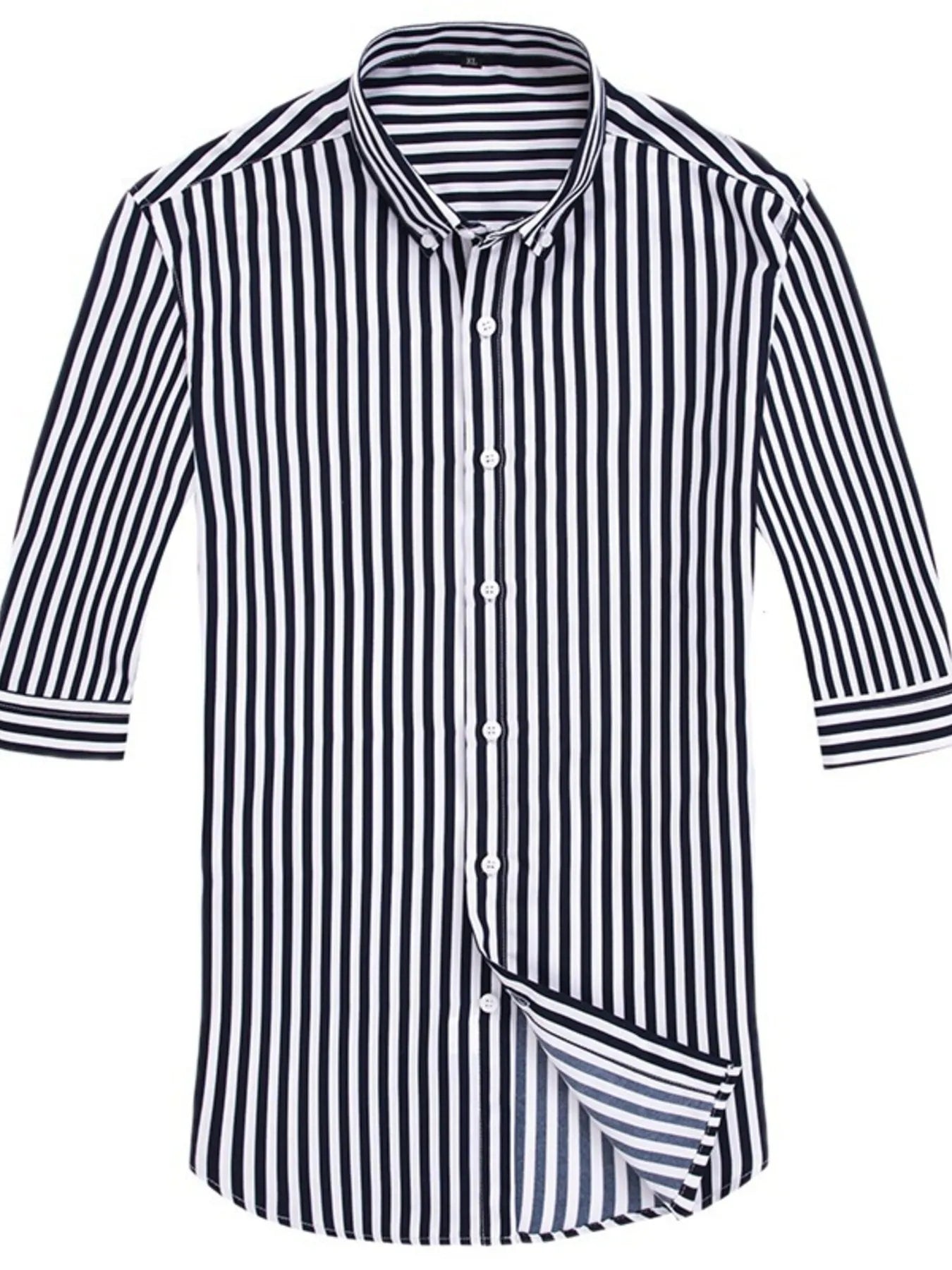 Men's plus size striped button-up long-sleeve shirt, black and white, button front