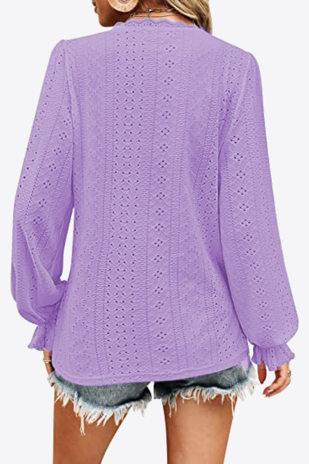 Lavender eyelet blouse back view with long puffed sleeves