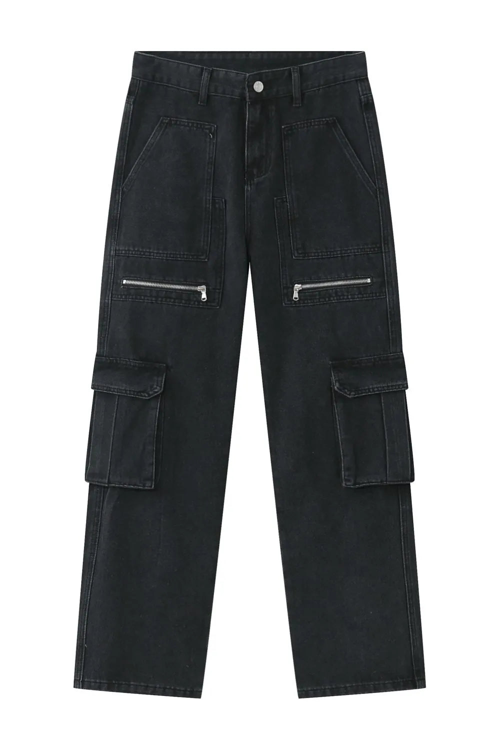 Dark loose-fit cargo jeans front view with side cargo pockets and zippers