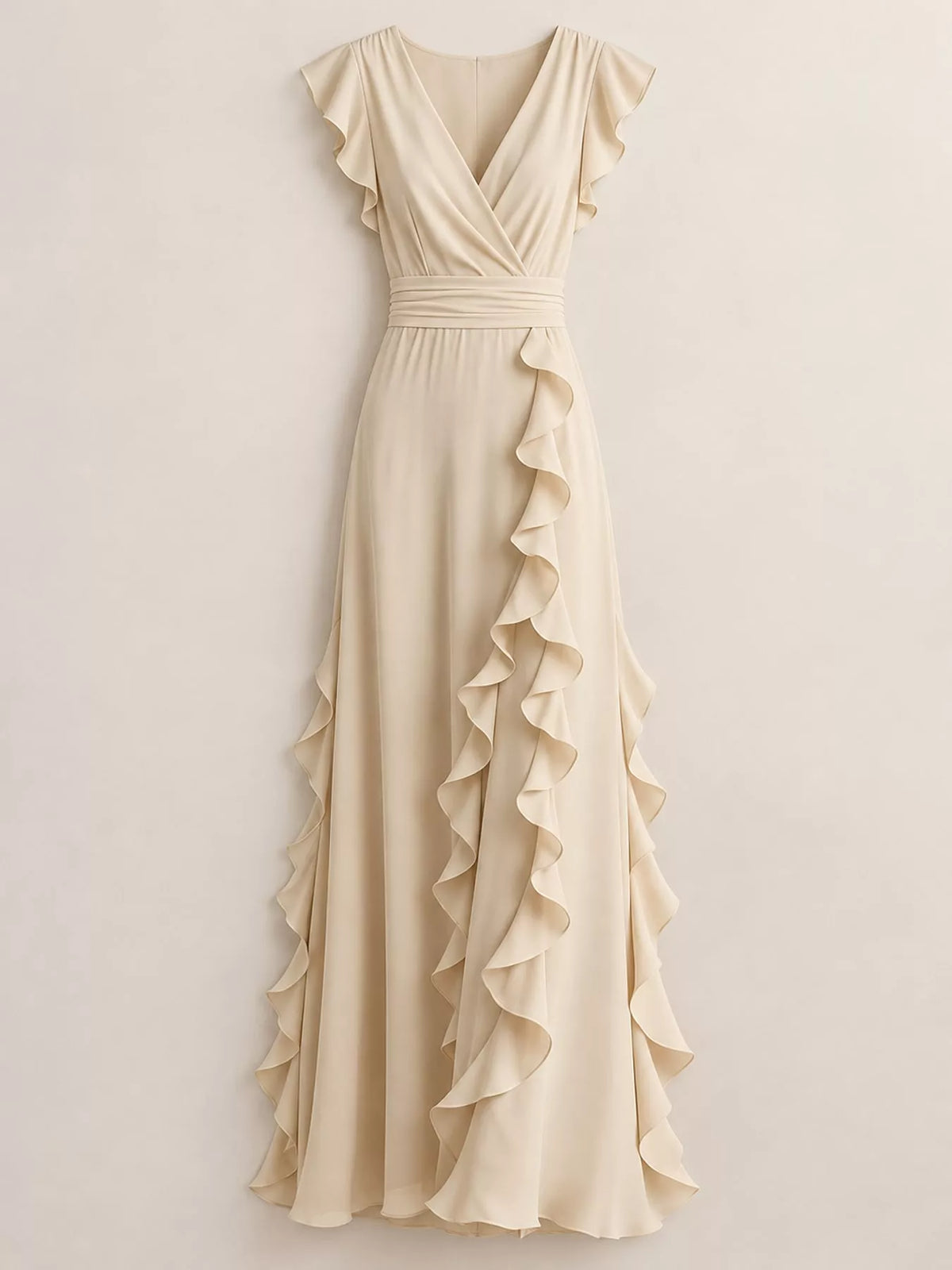 Sleeveless ruffled high-waist maxi dress in light apricot with draped V-neck and layered ruffles