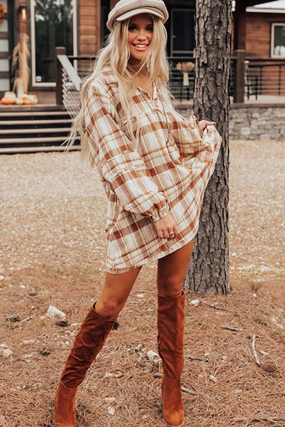 Plaid collared mini shirt dress with long sleeves and button front, chest pockets