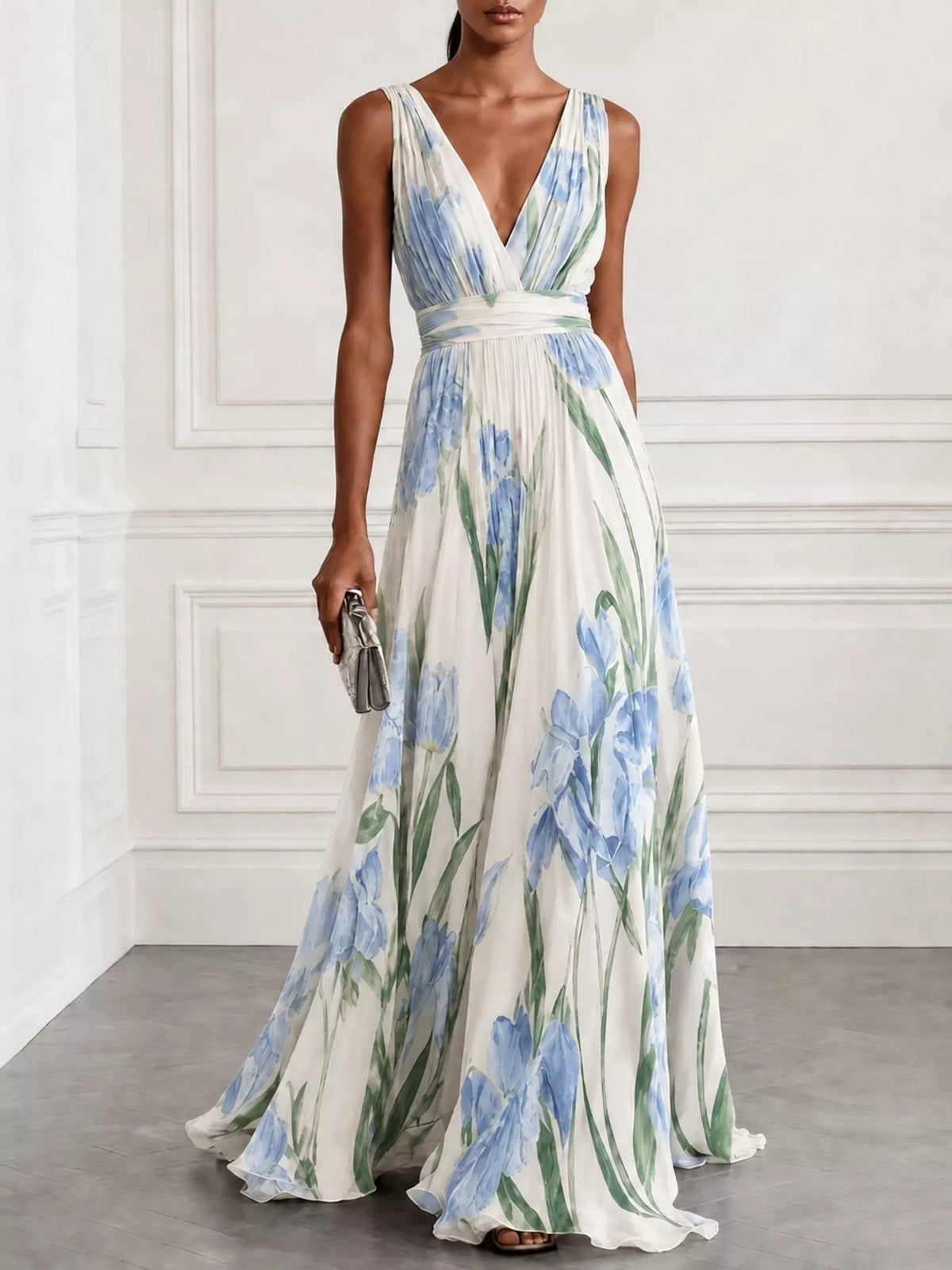 Sleeveless floral ruched maxi dress, V-neck, white base with blue flowers and green stems