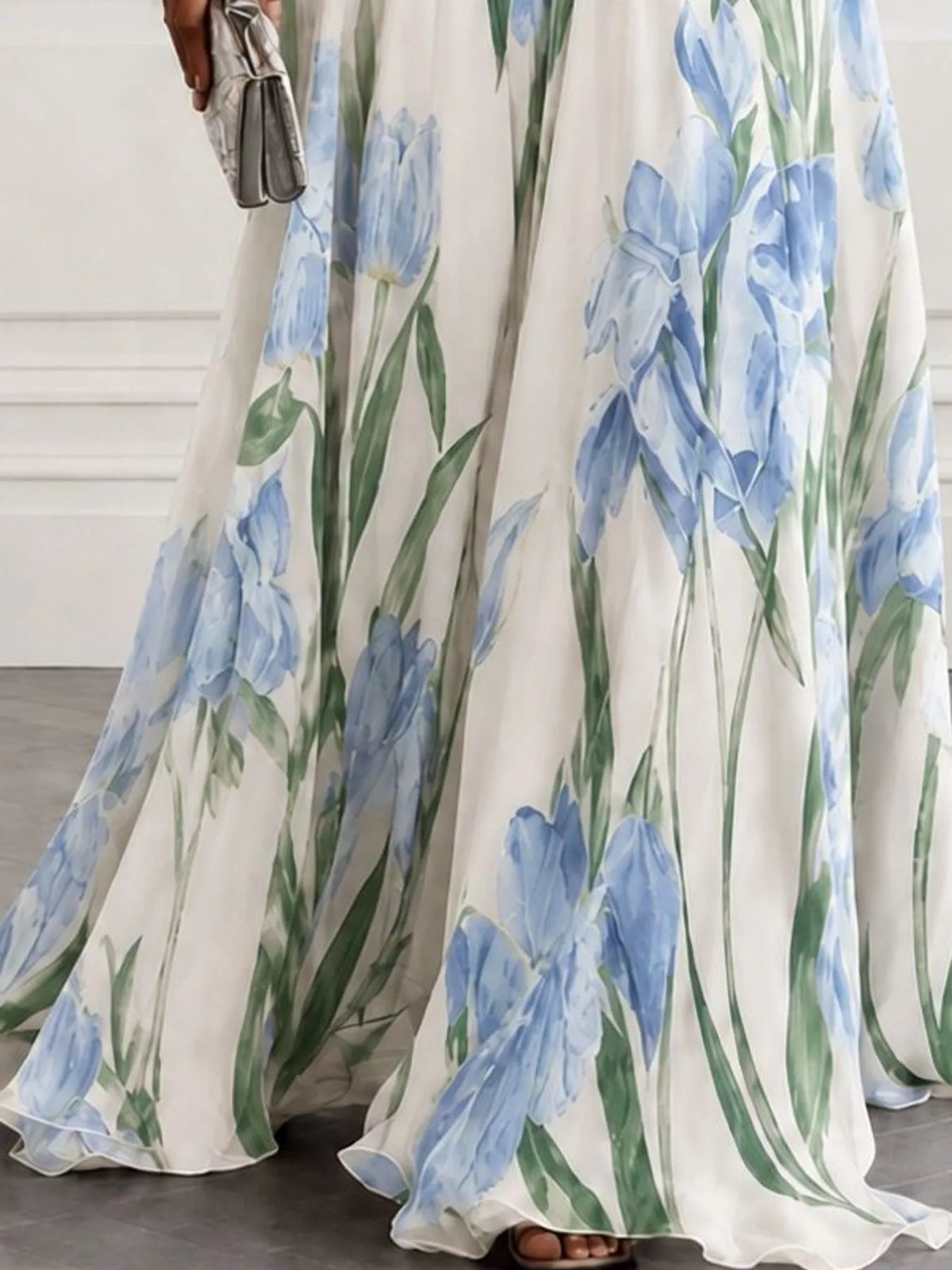 Sleeveless floral ruched maxi dress, V-neck, white with blue flower print and green stems