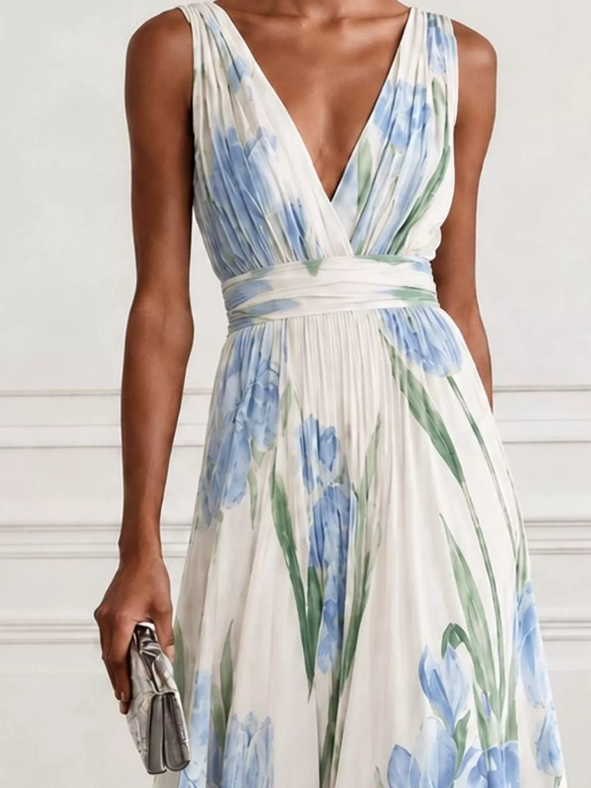 Sleeveless floral ruched maxi dress, V-neck, white with blue and green tulip print