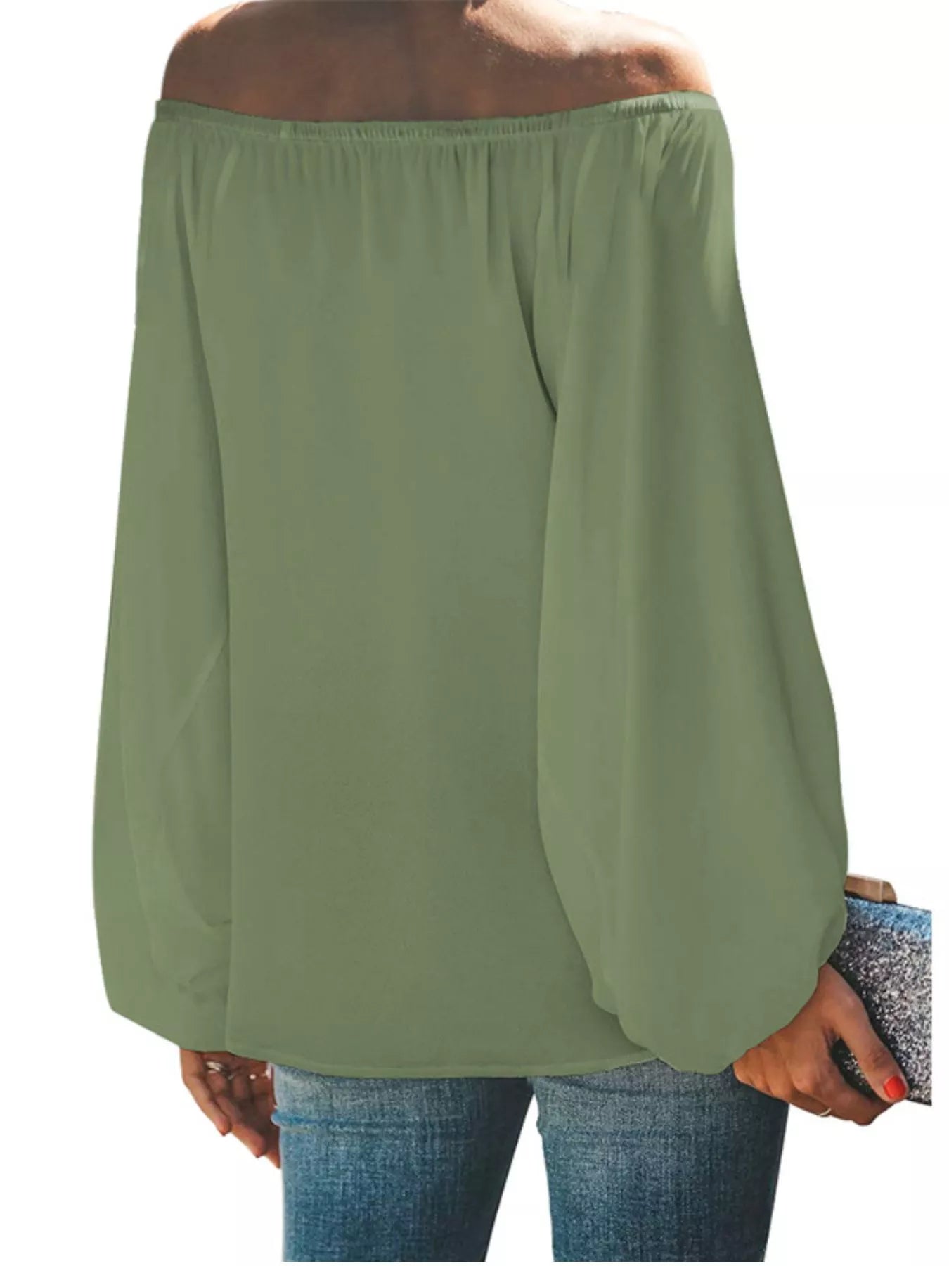 Cedar & Moore Full-Size off-shoulder balloon-sleeve blouse in sage green, plus size