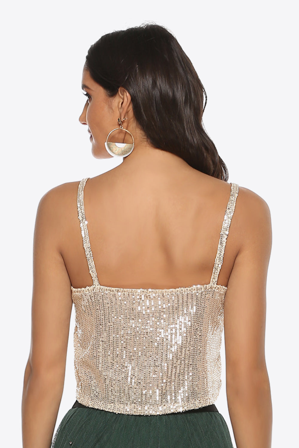 Metallic sequin cropped cami with thin straps and open square back