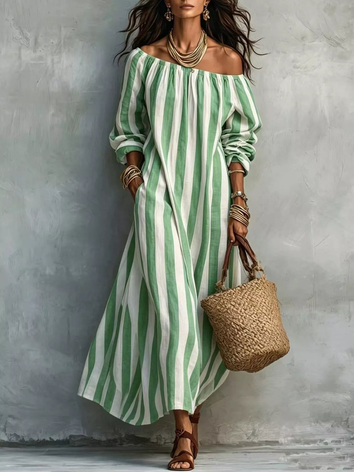 Green and white striped off-shoulder long dress with long sleeves