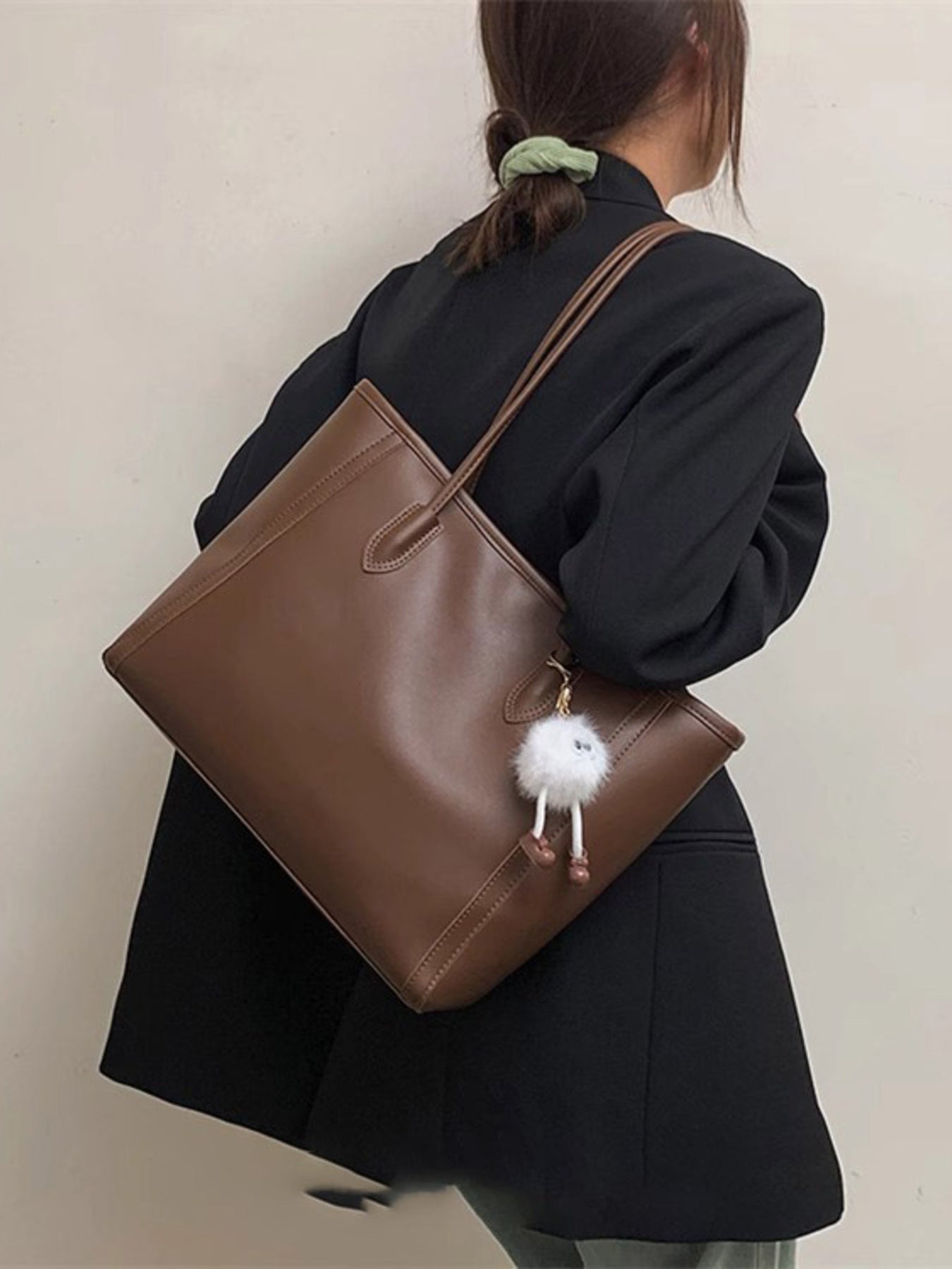 PU Leather Shoulder Bag, brown, large tote with dual straps