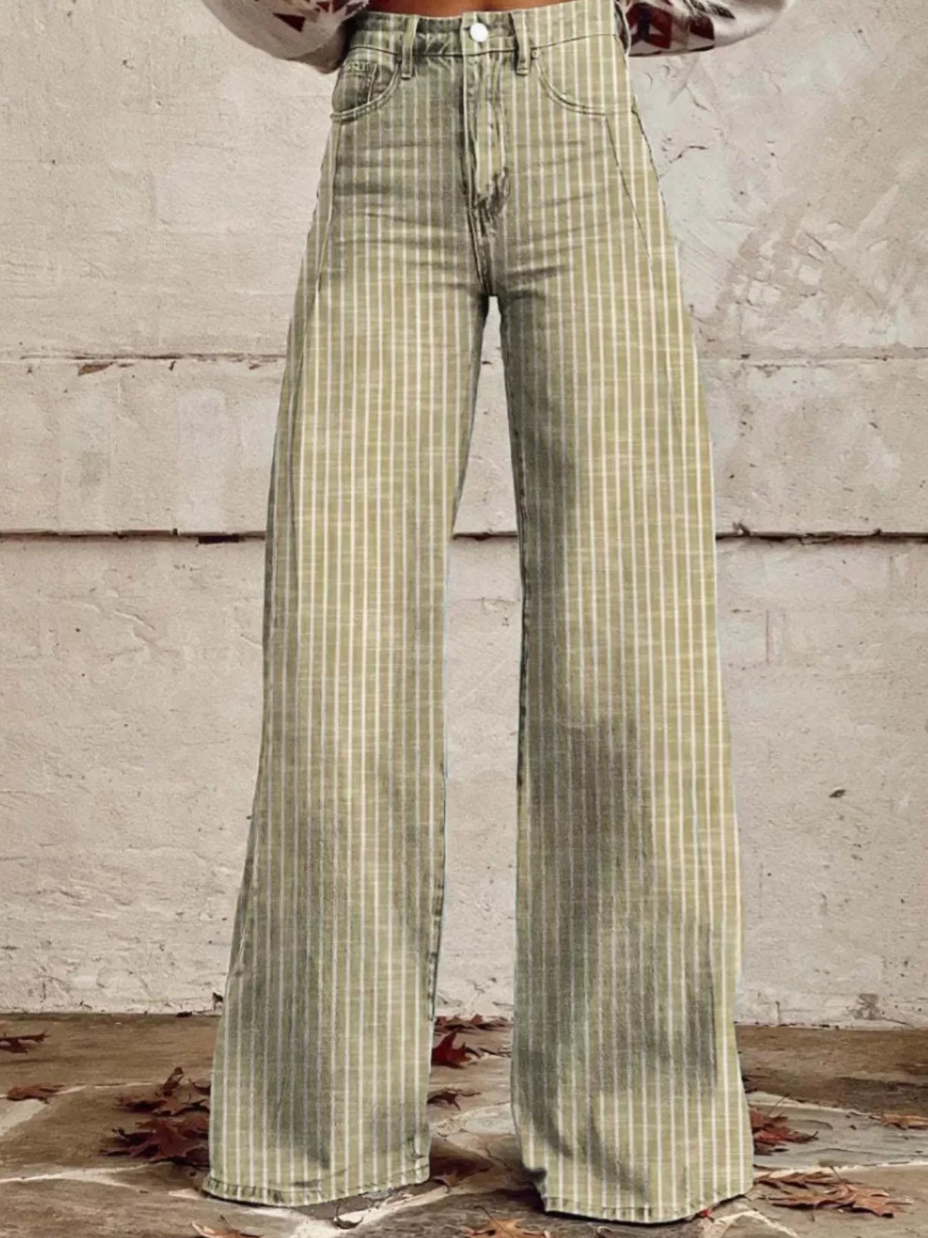 Yellow striped high-waisted wide-leg jeans with button fly and belt loops