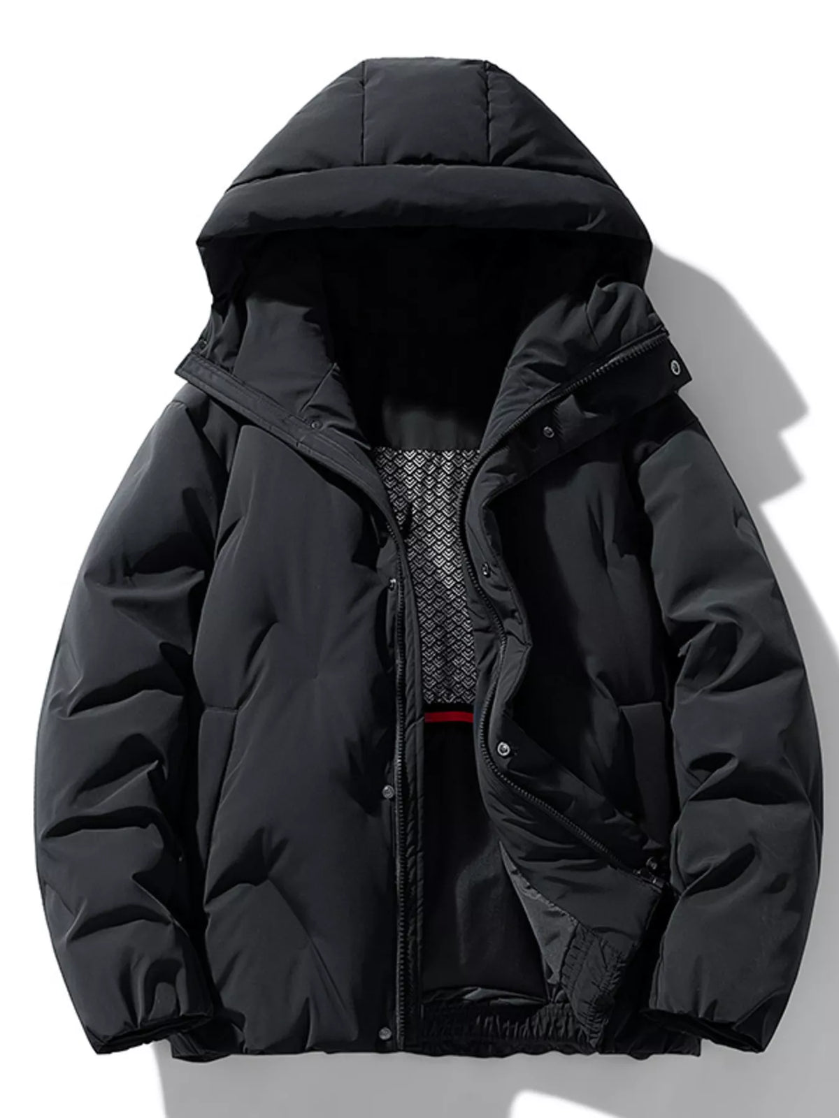 Black padded winter jacket with zip-front, adjustable hood, and storm flap