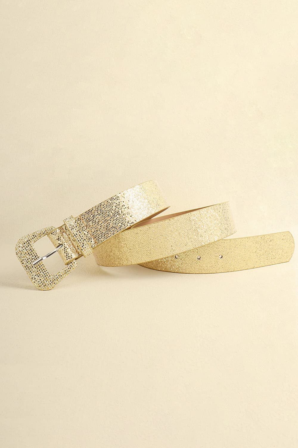 Gold glitter vegan leather belt with square buckle, flat lay view