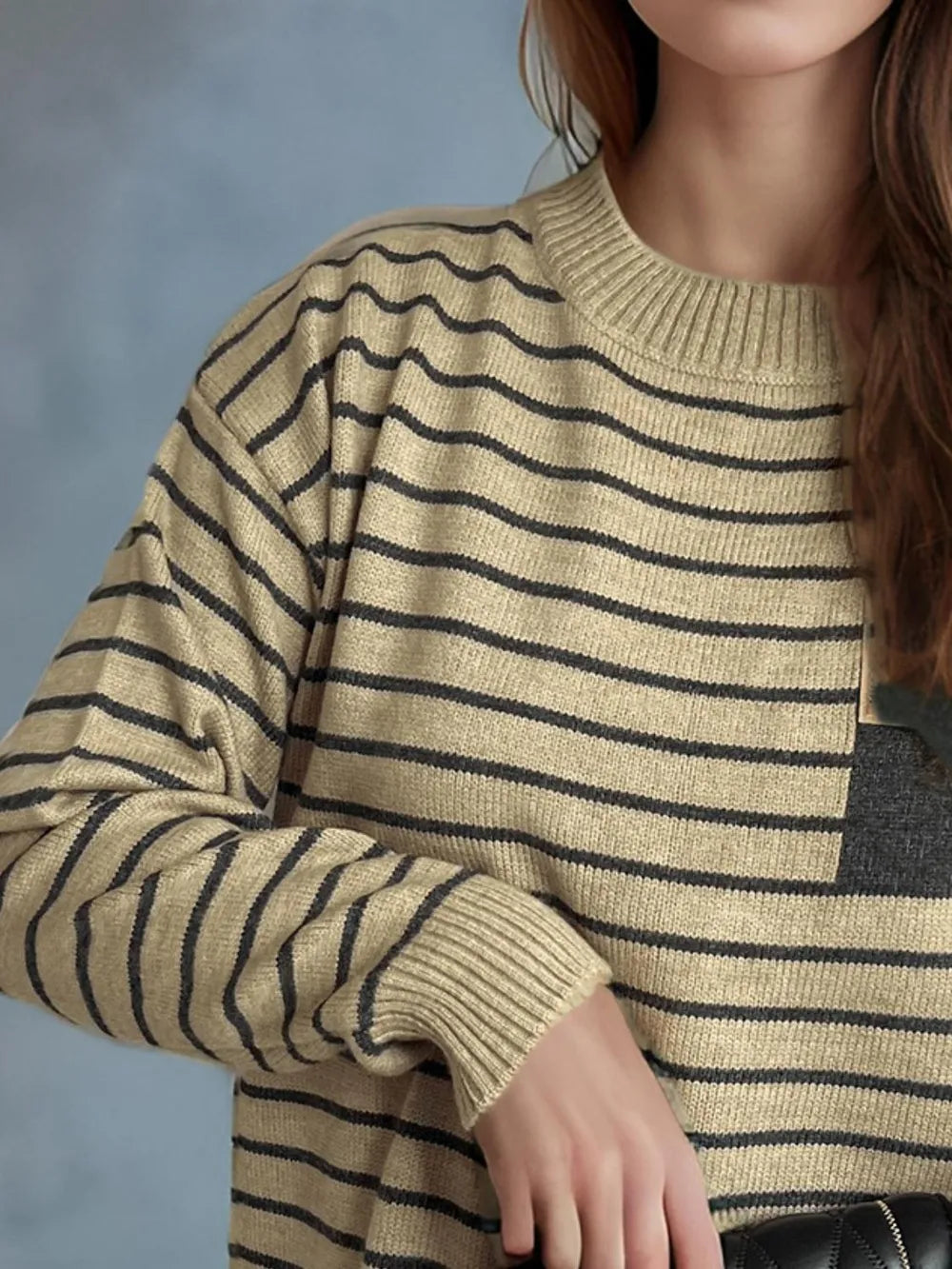 Striped mock neck long-sleeve sweater in tan with dark horizontal stripe pattern
