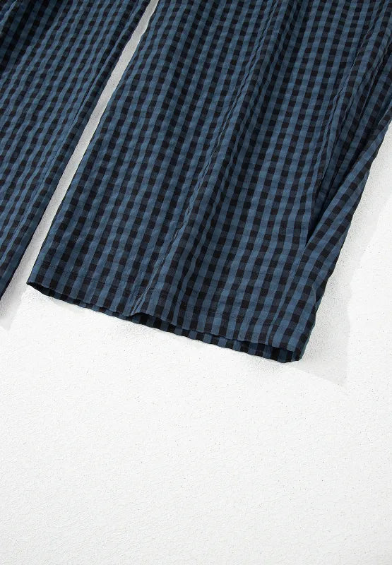 Dark blue plaid wide-leg overalls with wide hem opening