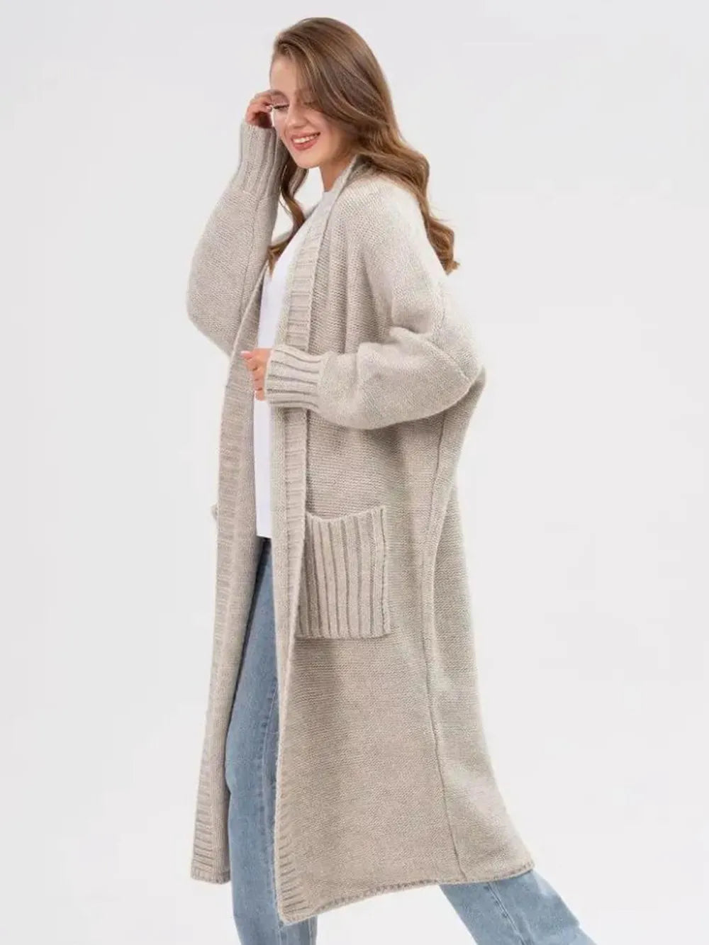 Light khaki longline cardigan side view with patch pockets and open front