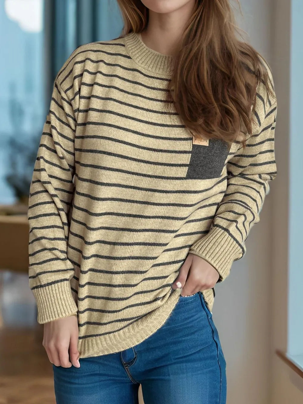 Striped mock neck long-sleeve sweater, tan with dark horizontal stripes