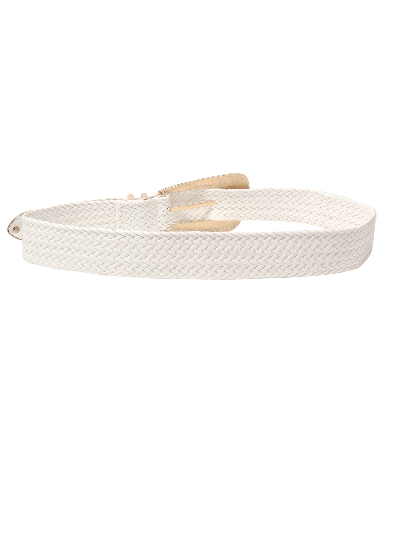 White braided belt with gold-tone buckle and small metal attachment