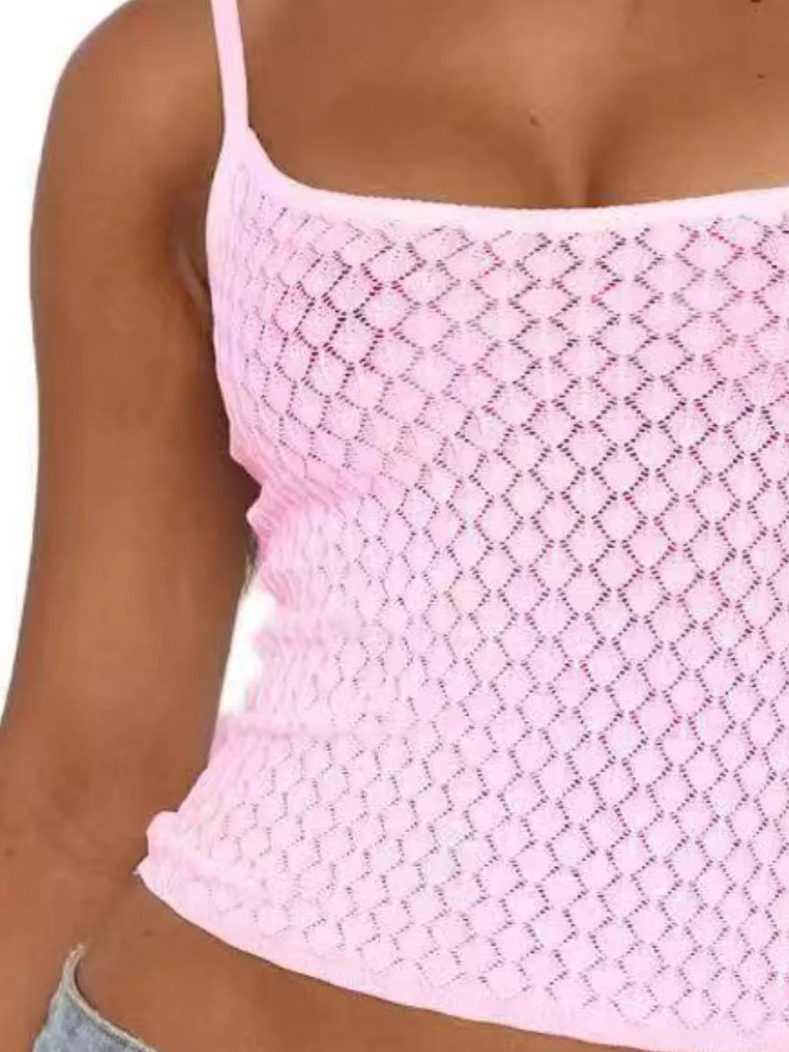 Blush pink lace square-neck cami with thin straps and diamond eyelet texture