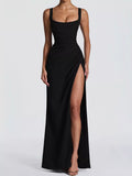 Black backless ruched maxi dress with square neckline and side slit, spaghetti straps