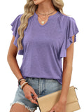 Purple ruffle-sleeve T-shirt with V-style neckline and layered shoulder ruffles