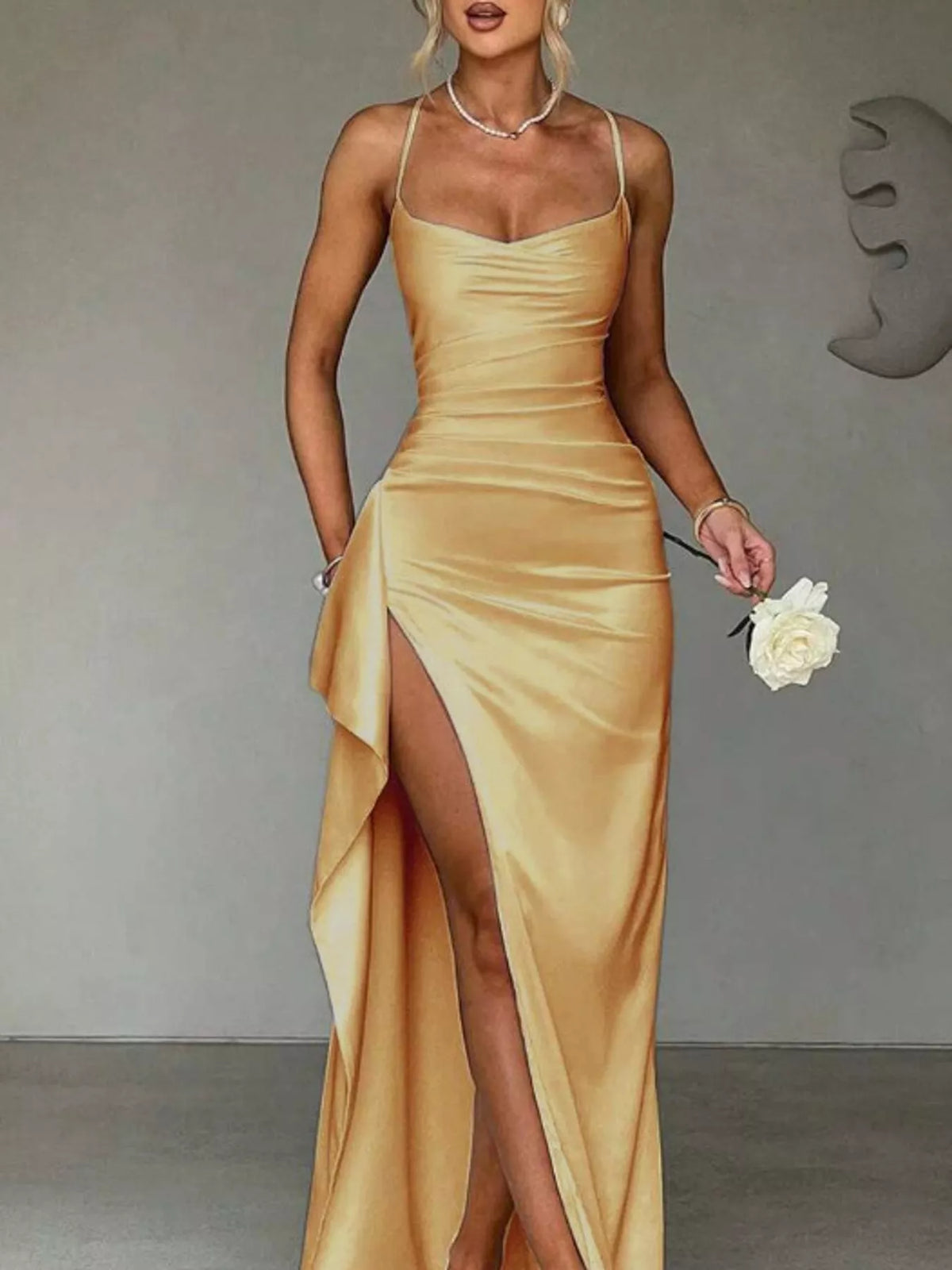 Ruched satin maxi dress with spaghetti straps, high side slit, pale yellow